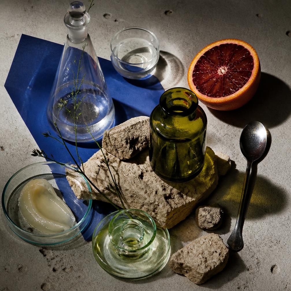Beauty ingredients and glass vessels in hard light